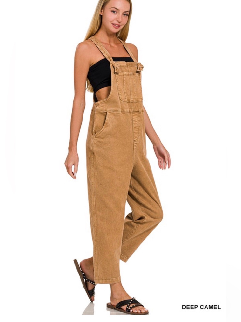 ZENANA WASHED KNOT STRAP RELAXED FIT OVERALLS -Deep Camel